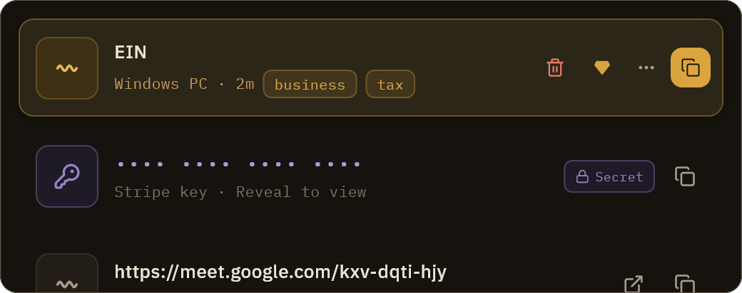 A detected key in the real Relic app, masked in the list and revealed only on purpose