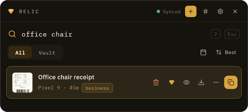 Searching for office chair in Relic returns a receipt screenshot