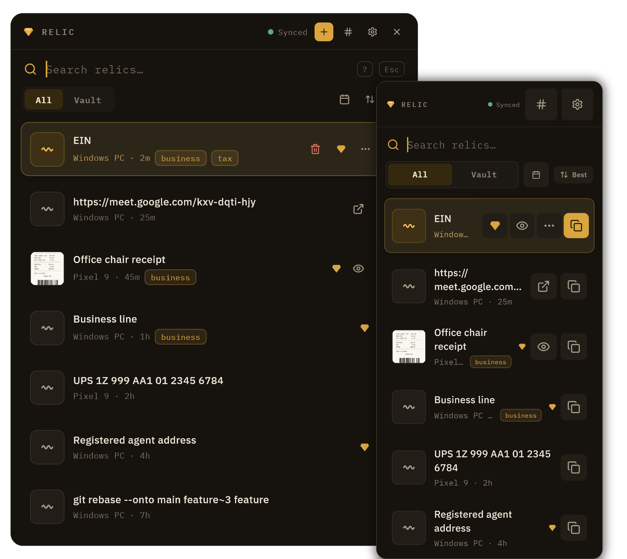 The same Relic vault open on a desktop and a phone, in sync