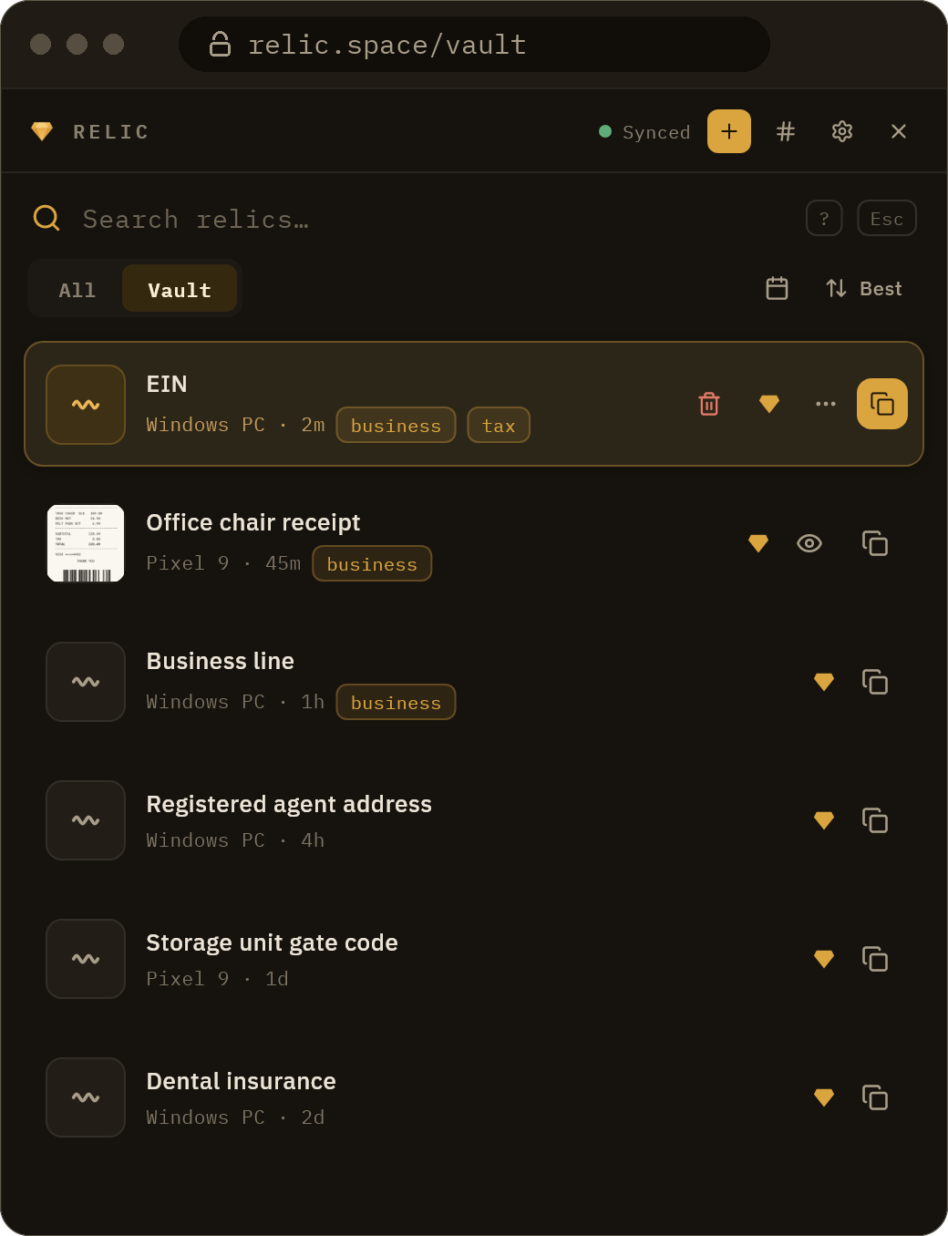 The Relic web vault open in a browser tab